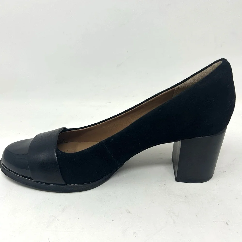 Clarks Tarah Brae Pumps Black Suede Patent Leather 9.5 Classic Business